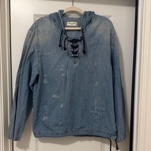 Saint Laurent Washed Denim Lace-Up Hoodie, Size XL, EUC